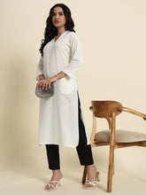 Thread Plus Cotton Flax Straight Kurti In Off White Color For Women